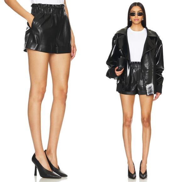 Alice + Olivia Pants - Alice + Olivia Reagan Vegan Leather Paperbag Shorts Black